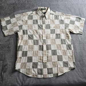 Vintage ORVIS Shirt Mens Large Green Brown Plaid Patchwork Short Sleeve Button